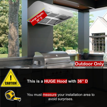 Awoco 42" Outdoor BBQ Vent Hood 18" High Type 304 Stainless Steel, 4 Speeds 2000 CFM with Chimney Cover, 8” Round Top Vent - AWC-RH-WM-BBQ-42+Chim-12x42