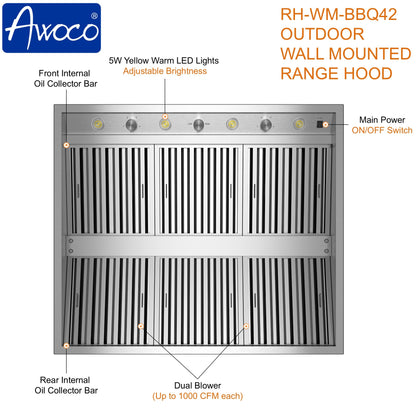Awoco 42" Outdoor BBQ Vent Hood 18" High Type 304 Stainless Steel, 4 Speeds 2000 CFM with Chimney Cover, 8” Round Top Vent - AWC-RH-WM-BBQ-42+Chim-12x42