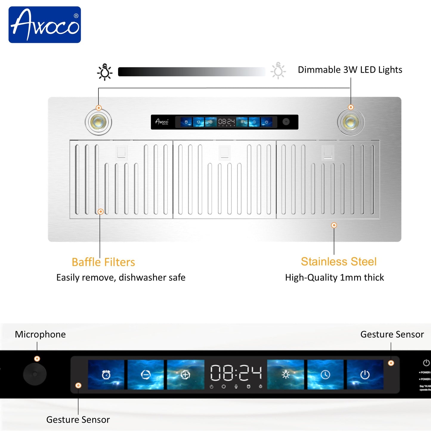 AWOCO  RH-IT08-V Ceiling Mount Range Hood - Split Insert - Voice & Gesture - RH-IT08-V30-COLD