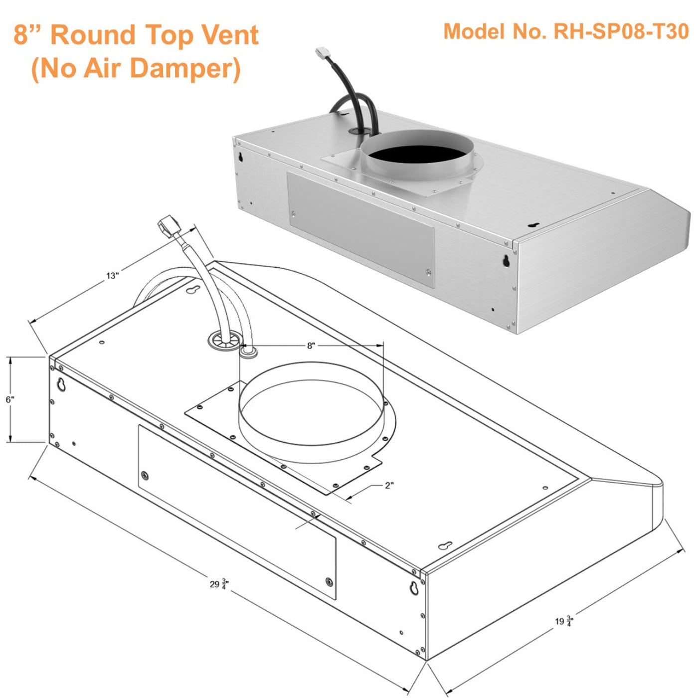 AWOCO  RH-SP08-T Quiet Split Range Hood - 8 inch Round Top Vent - 1000CFM - RH-SP08-T30