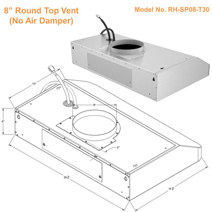 AWOCO  RH-SP08-T Quiet Split Range Hood - 8 inch Round Top Vent - 1000CFM - RH-SP08-T30