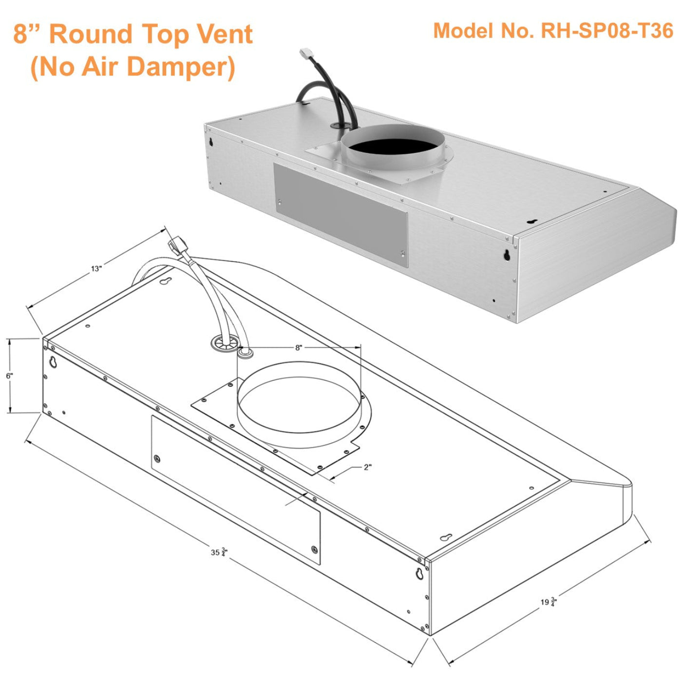AWOCO  RH-SP08-T Quiet Split Range Hood - 8 inch Round Top Vent - 1000CFM - RH-SP08-T30
