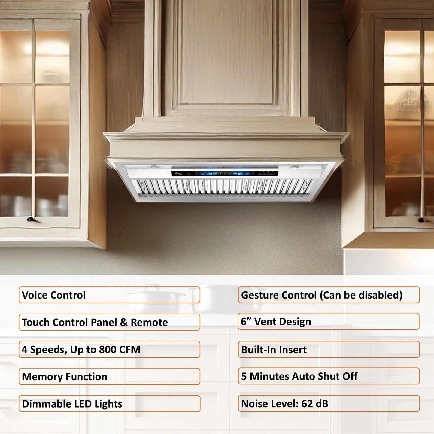 AWOCO RH-BQ-XV Range Hood Insert - Voice & Gesture - 800 CFM - 6" Top Vent - RH-BQ-XV30