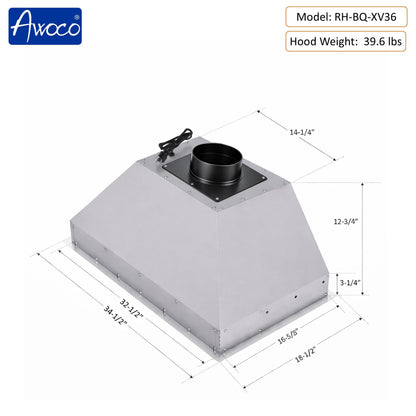 AWOCO RH-BQ-XV+8BLW Split Quiet Range Hood Insert Voice & Gesture Control 1000 CFM With 8” Blower Unit - RH-BQ-XV30+RH-SP08-BLW