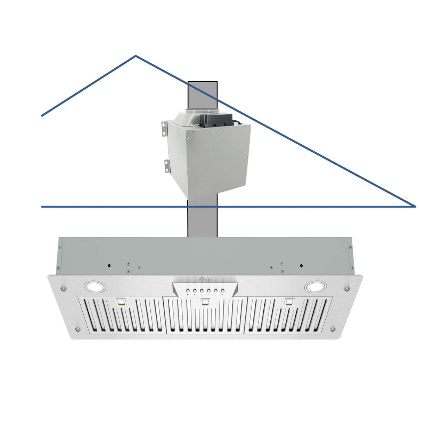 Awoco RH-IT08-M 14-1/2"D Super Quiet Split Insert Stainless Steel Range Hood, 4 Speeds with a 8" Blower Unit, 1000CFM, LED Lights - RH-IT08-M30-COLD