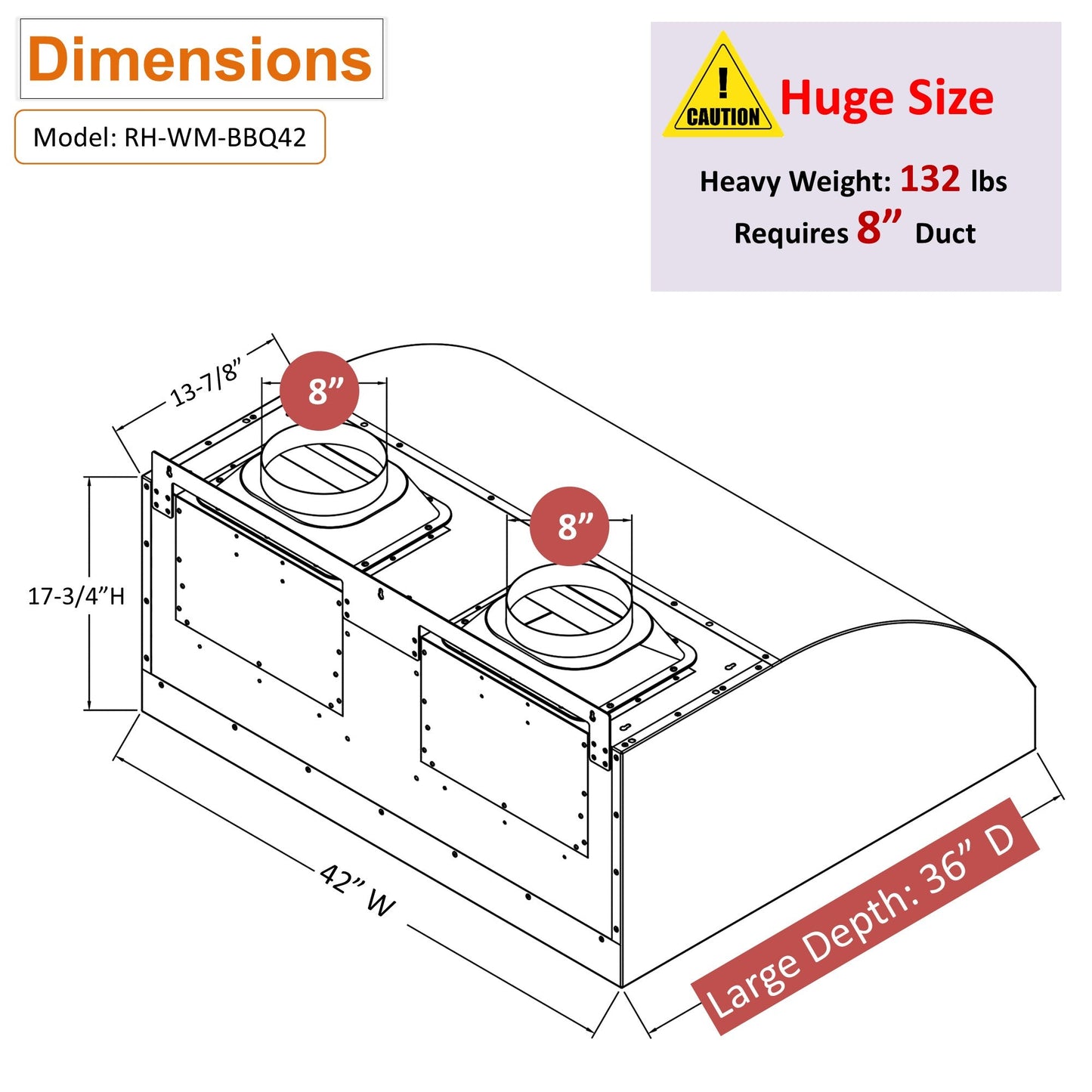 Awoco 42" Outdoor BBQ Vent Hood 18" High Type 304 Stainless Steel, 4 Speeds 2000 CFM with Chimney Cover, 8” Round Top Vent - AWC-RH-WM-BBQ-42+Chim-12x42