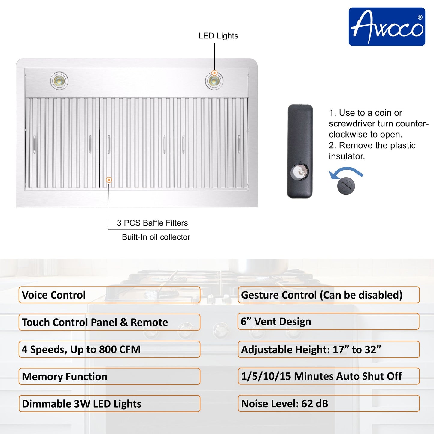 Awoco RH-WT-V Wall Mount Range Hood - 800CFM - Voice & Gesture -  Adjustable Chimney, With 6” Blower Unit - RH-WT-V30+RH-SP06-BLW
