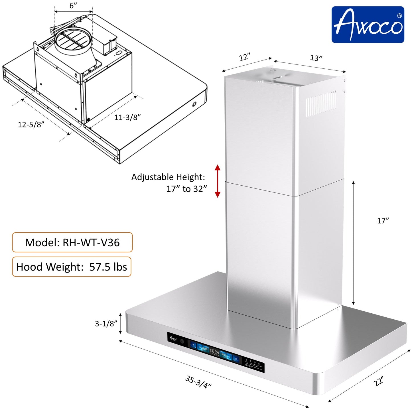 Awoco RH-WT-V Wall Mount Range Hood - 800CFM - Voice & Gesture -  Adjustable Chimney, With 6” Blower Unit - RH-WT-V30+RH-SP06-BLW