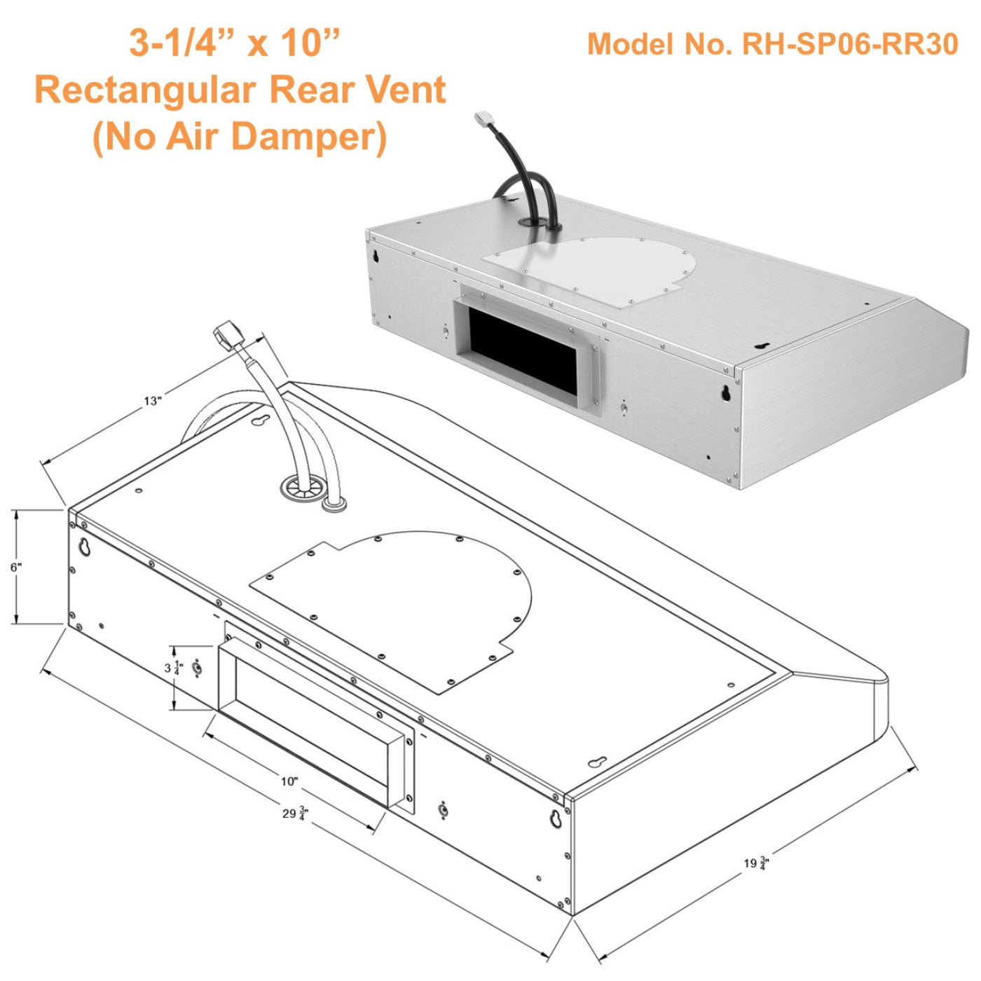 AWOCO RH-SP06-RR Quiet Split Range Hood - Rectangular Rear Vent - RH-SP06-RR30