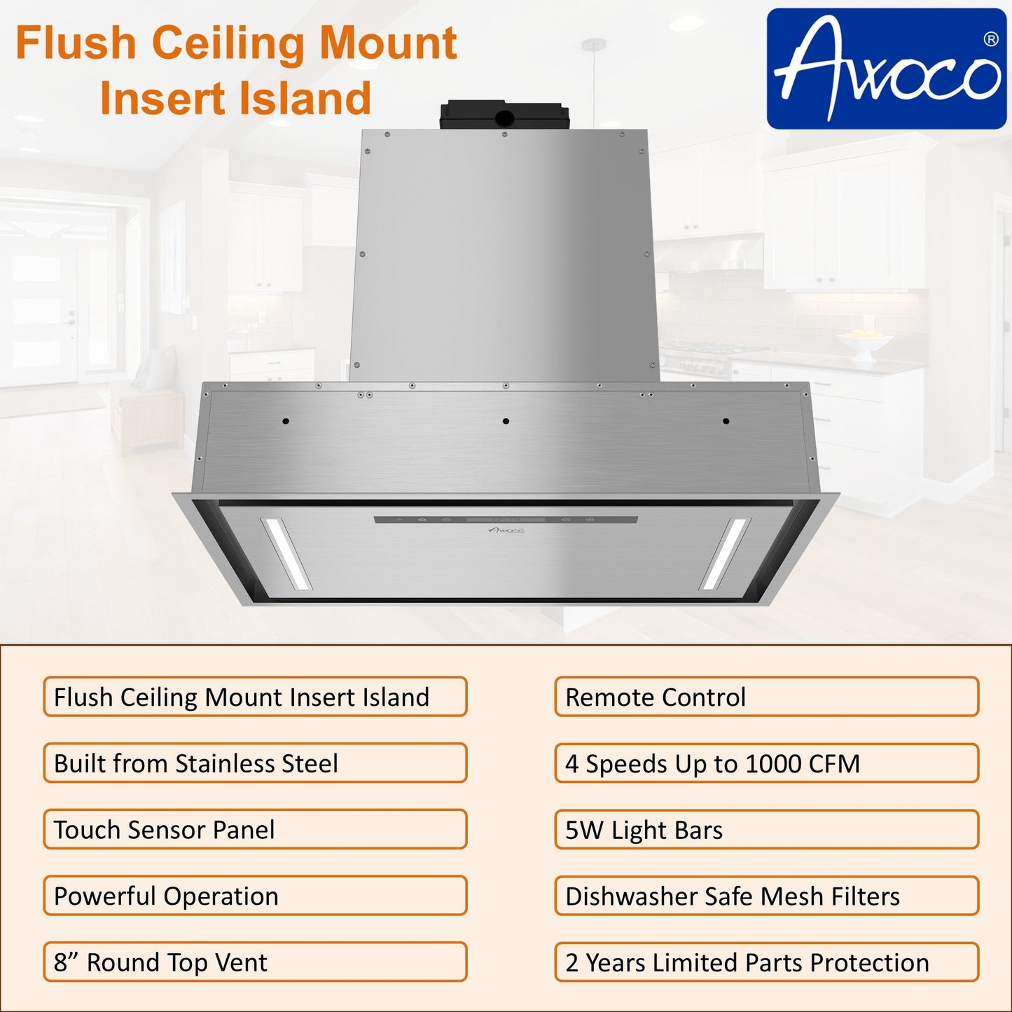 AWOCO  RH-BQ08-CR Ceiling Mount Range Hood - Insert & Island - 1000 CFM - AWC-RH-BQ08-CR30