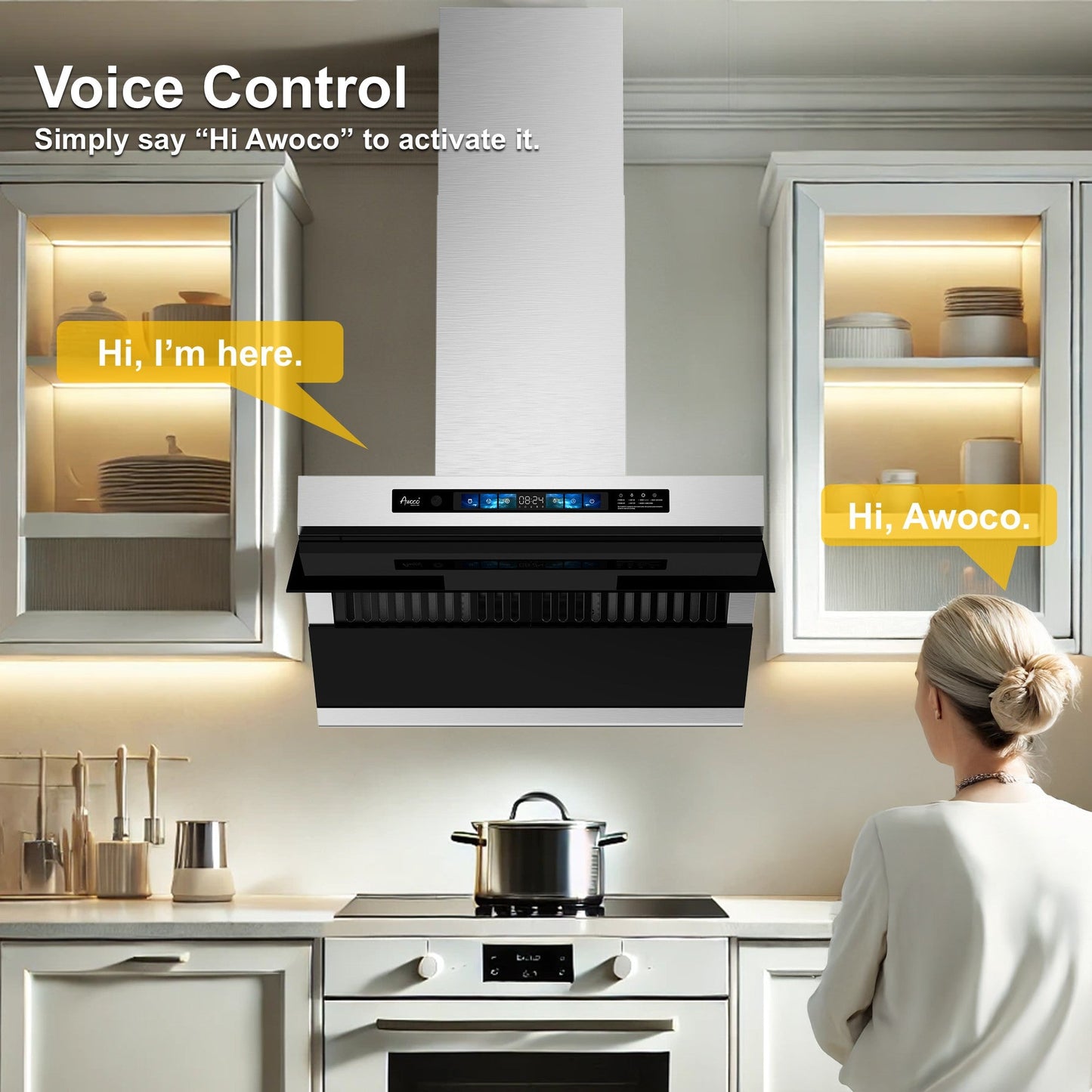 Awoco RH-SX Wall Mount Range Hood, Side-Draft Design, 4 Speeds Exhaust Fan with 800 CFM, Voice, Gesture, Touch & Remote Control, 6" Vent, Dimmable LED Light Bars - AWC-RH-SX30+Chimney