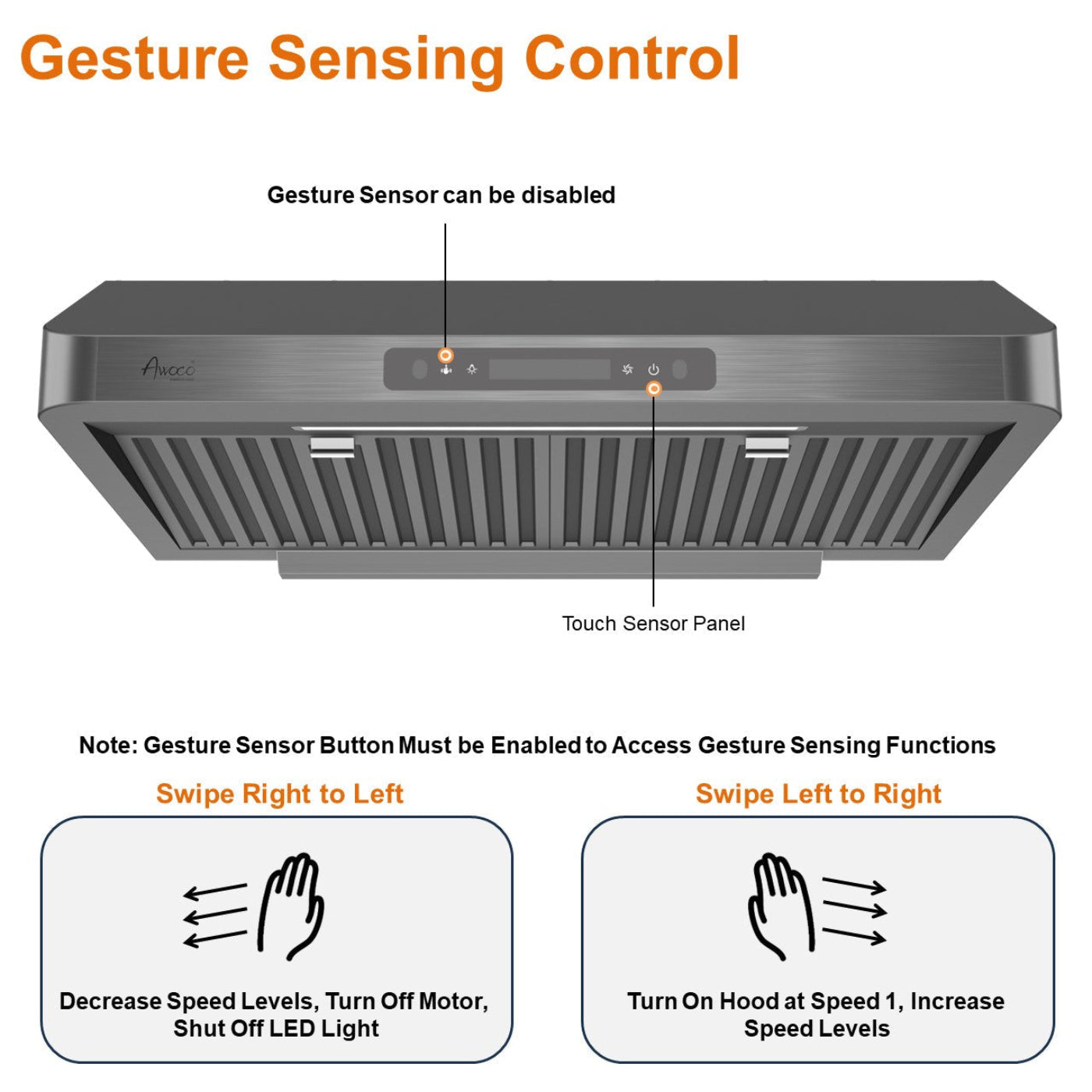 AWOCO RH-UC7-30 Under Cabinet Range Hood Black Stainless Steel Gesture - RH-UC7-30BLK-6