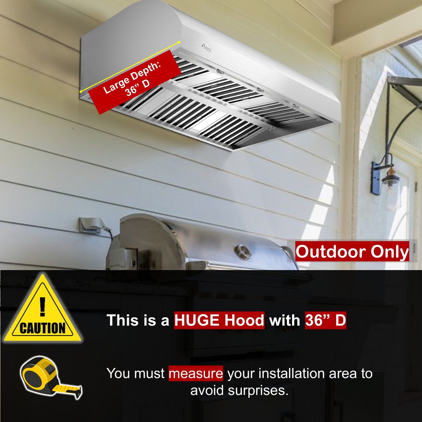 Awoco 48" Outdoor BBQ Vent Hood 18" High Type 304 Stainless Steel, 4 Speeds 2000 CFM with Chimney Cover, 8” Round Top Vent - AWC-RH-WM-BBQ-48+Chim-12x48