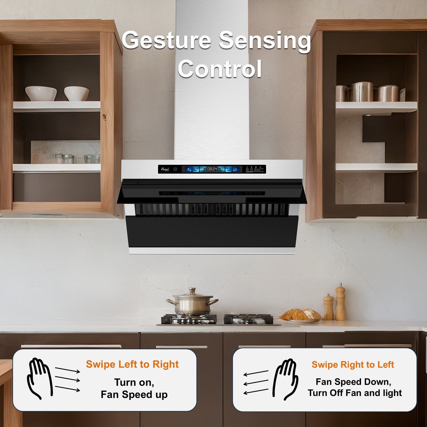 Awoco RH-SX Wall Mount Range Hood, Side-Draft Design, 4 Speeds Exhaust Fan with 800 CFM, Voice, Gesture, Touch & Remote Control, 6" Vent, Dimmable LED Light Bars - AWC-RH-SX30+Chimney