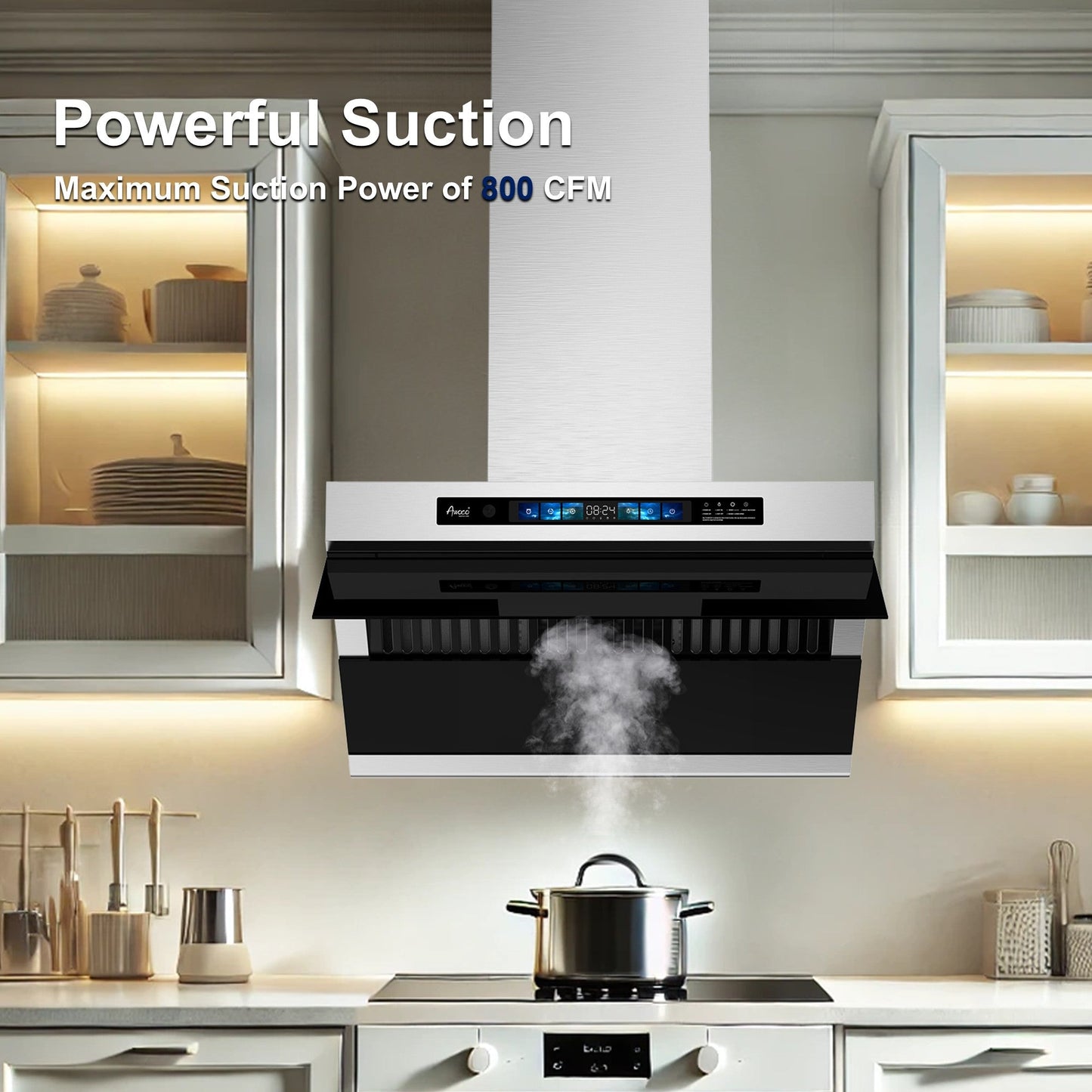Awoco RH-SX Wall Mount Range Hood, Side-Draft Design, 4 Speeds Exhaust Fan with 800 CFM, Voice, Gesture, Touch & Remote Control, 6" Vent, Dimmable LED Light Bars - AWC-RH-SX30+Chimney