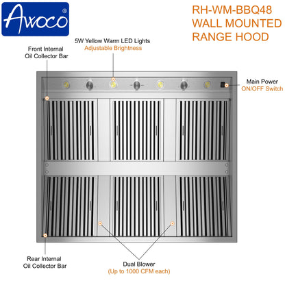 Awoco 48" Outdoor BBQ Vent Hood 18" High Type 304 Stainless Steel, 4 Speeds 2000 CFM with Chimney Cover, 8” Round Top Vent - AWC-RH-WM-BBQ-48+Chim-12x48