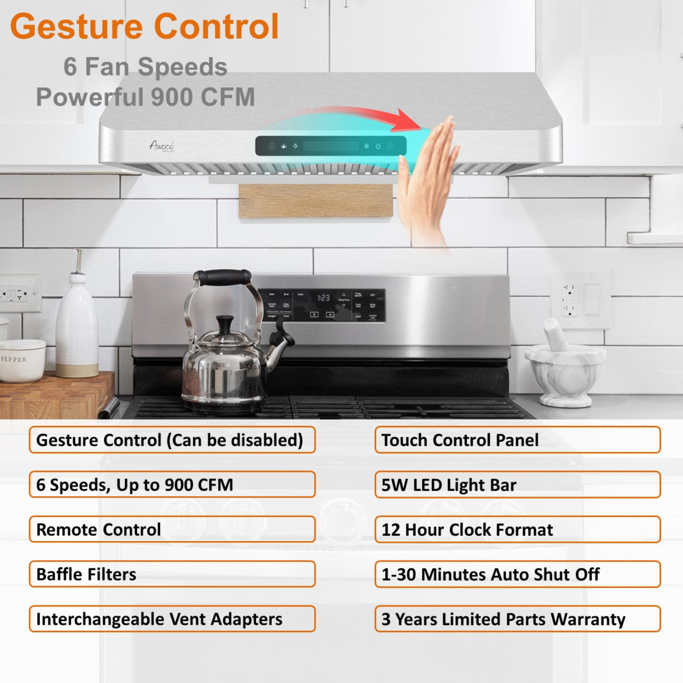 AWOCO RH-UC7-30 Under Cabinet Range Hood Black Stainless Steel Gesture - RH-UC7-30BLK-6