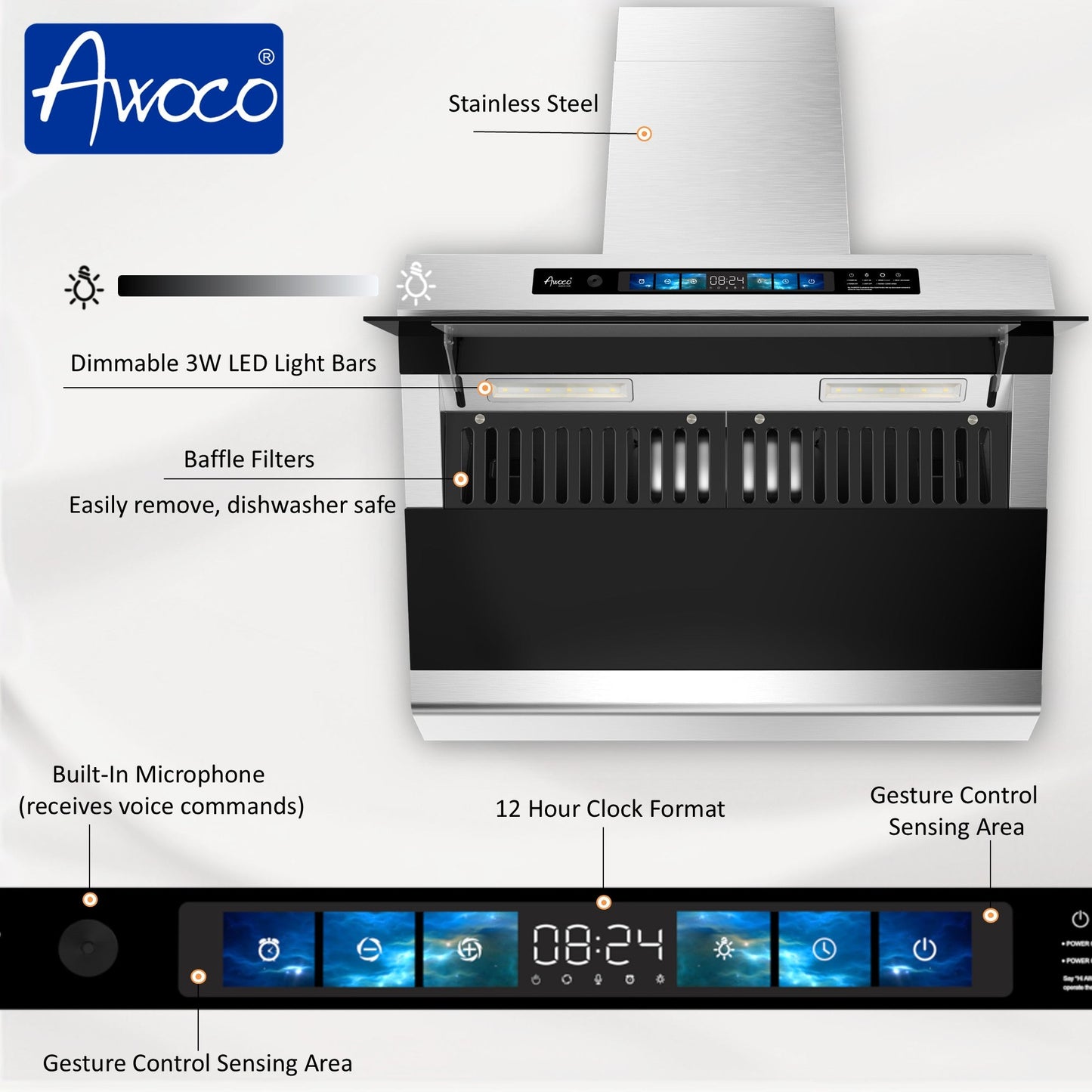 Awoco RH-SX Wall Mount Range Hood, Side-Draft Design, 4 Speeds Exhaust Fan with 800 CFM, Voice, Gesture, Touch & Remote Control, 6" Vent, Dimmable LED Light Bars - AWC-RH-SX30+Chimney