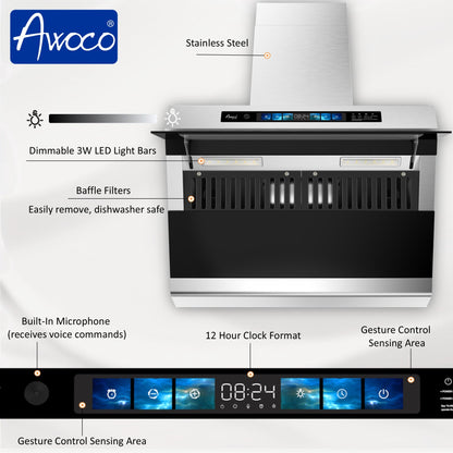 Awoco RH-SX Wall Mount Range Hood, Side-Draft Design, 4 Speeds Exhaust Fan with 800 CFM, Voice, Gesture, Touch & Remote Control, 6" Vent, Dimmable LED Light Bars - AWC-RH-SX30+Chimney
