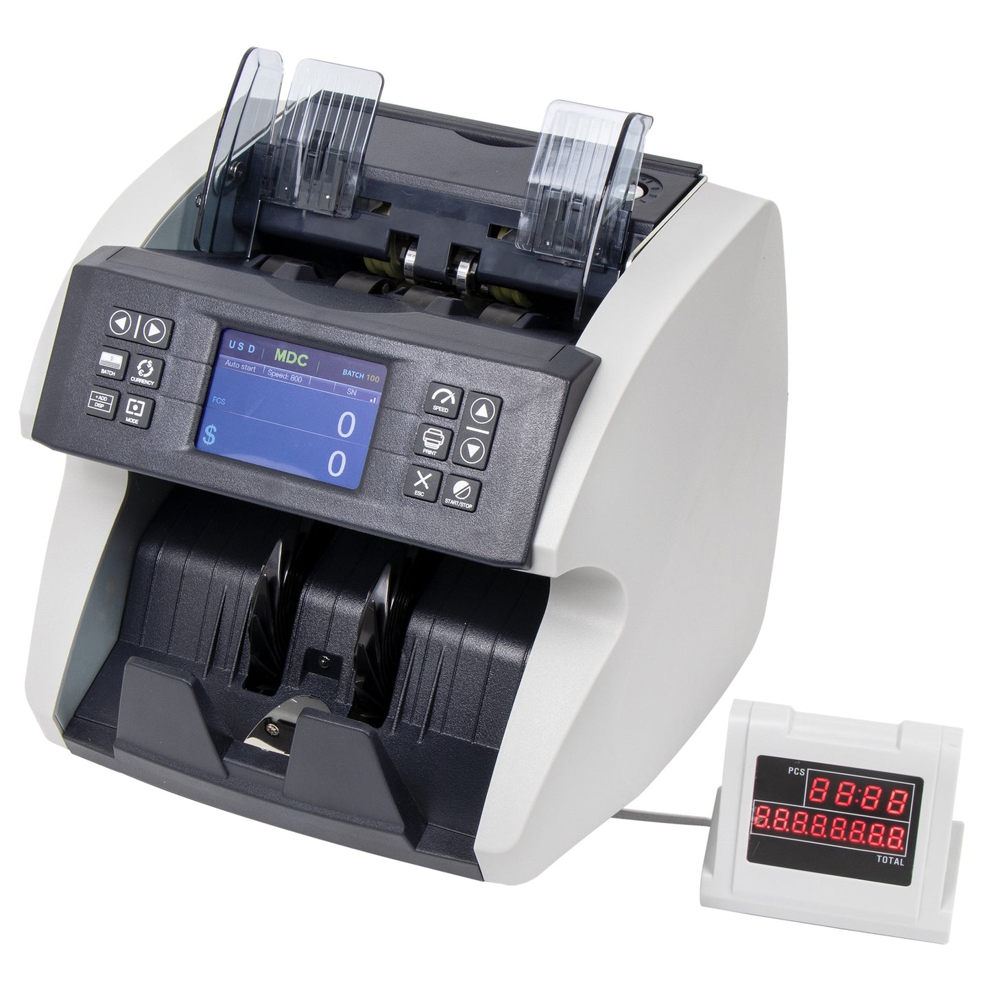Awoco Bank Grade Mixed Denomination Bill Money Counter with Full Counterfeit Detection - 6 Currency (USD, EUR, GBP, MXN, CAD, CNY) with External Display - MDC1500