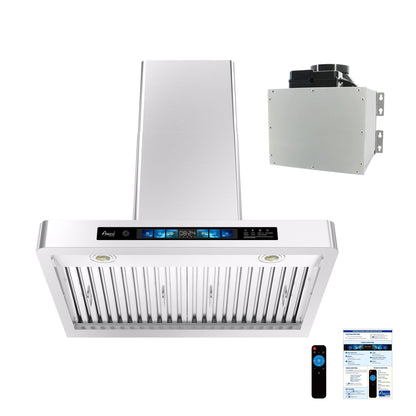 Awoco RH-WT-V Wall Mount Range Hood - 800CFM - Voice & Gesture -  Adjustable Chimney, With 6” Blower Unit - RH-WT-V30+RH-SP06-BLW
