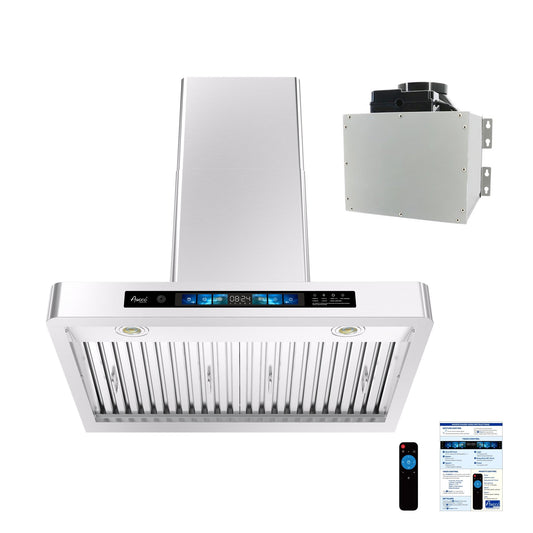 Awoco RH-WT-V Wall Mount Range Hood - 800CFM - Voice & Gesture -  Adjustable Chimney, With 6” Blower Unit - RH-WT-V30+RH-SP06-BLW