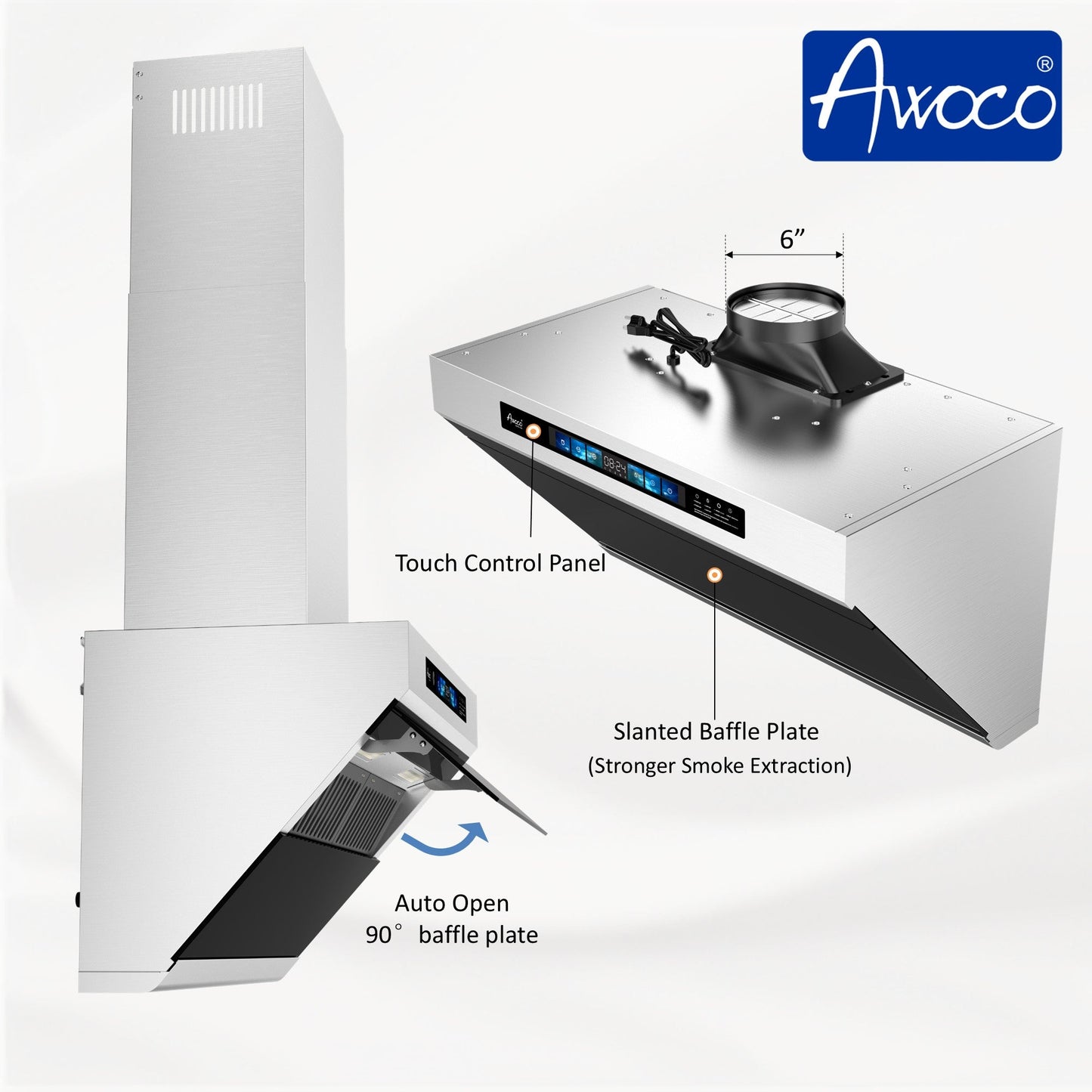 Awoco RH-SX Wall Mount Range Hood, Side-Draft Design, 4 Speeds Exhaust Fan with 800 CFM, Voice, Gesture, Touch & Remote Control, 6" Vent, Dimmable LED Light Bars - AWC-RH-SX30+Chimney