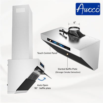 Awoco RH-SX Wall Mount Range Hood, Side-Draft Design, 4 Speeds Exhaust Fan with 800 CFM, Voice, Gesture, Touch & Remote Control, 6" Vent, Dimmable LED Light Bars - AWC-RH-SX30+Chimney
