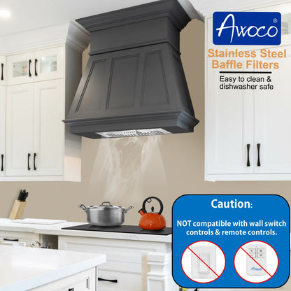 Awoco RH-IT08-M 14-1/2"D Super Quiet Split Insert Stainless Steel Range Hood, 4 Speeds with a 8" Blower Unit, 1000CFM, LED Lights - RH-IT08-M30-COLD