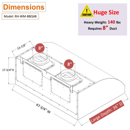 Awoco 48" Outdoor BBQ Vent Hood 18" High Type 304 Stainless Steel, 4 Speeds 2000 CFM with Chimney Cover, 8” Round Top Vent - AWC-RH-WM-BBQ-48+Chim-12x48