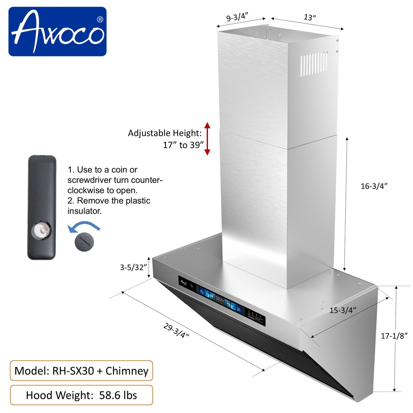 Awoco RH-SX Wall Mount Range Hood, Side-Draft Design, 4 Speeds Exhaust Fan with 800 CFM, Voice, Gesture, Touch & Remote Control, 6" Vent, Dimmable LED Light Bars - AWC-RH-SX30+Chimney
