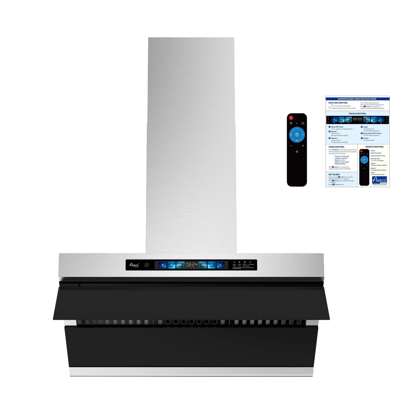 Awoco RH-SX Wall Mount Range Hood, Side-Draft Design, 4 Speeds Exhaust Fan with 800 CFM, Voice, Gesture, Touch & Remote Control, 6" Vent, Dimmable LED Light Bars - AWC-RH-SX30+Chimney