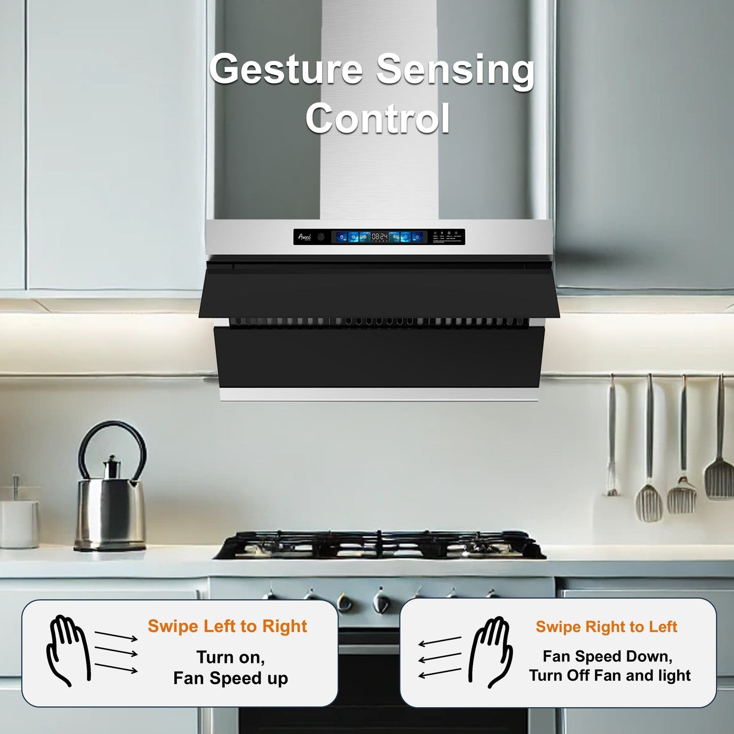 Awoco RH-SX Wall Mount Range Hood, Side-Draft Design, 4 Speeds Exhaust Fan with 800 CFM, Voice, Gesture, Touch & Remote Control, 6" Vent, Dimmable LED Light Bars - AWC-RH-SX30+Chimney