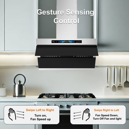 Awoco RH-SX Wall Mount Range Hood, Side-Draft Design, 4 Speeds Exhaust Fan with 800 CFM, Voice, Gesture, Touch & Remote Control, 6" Vent, Dimmable LED Light Bars - AWC-RH-SX30+Chimney