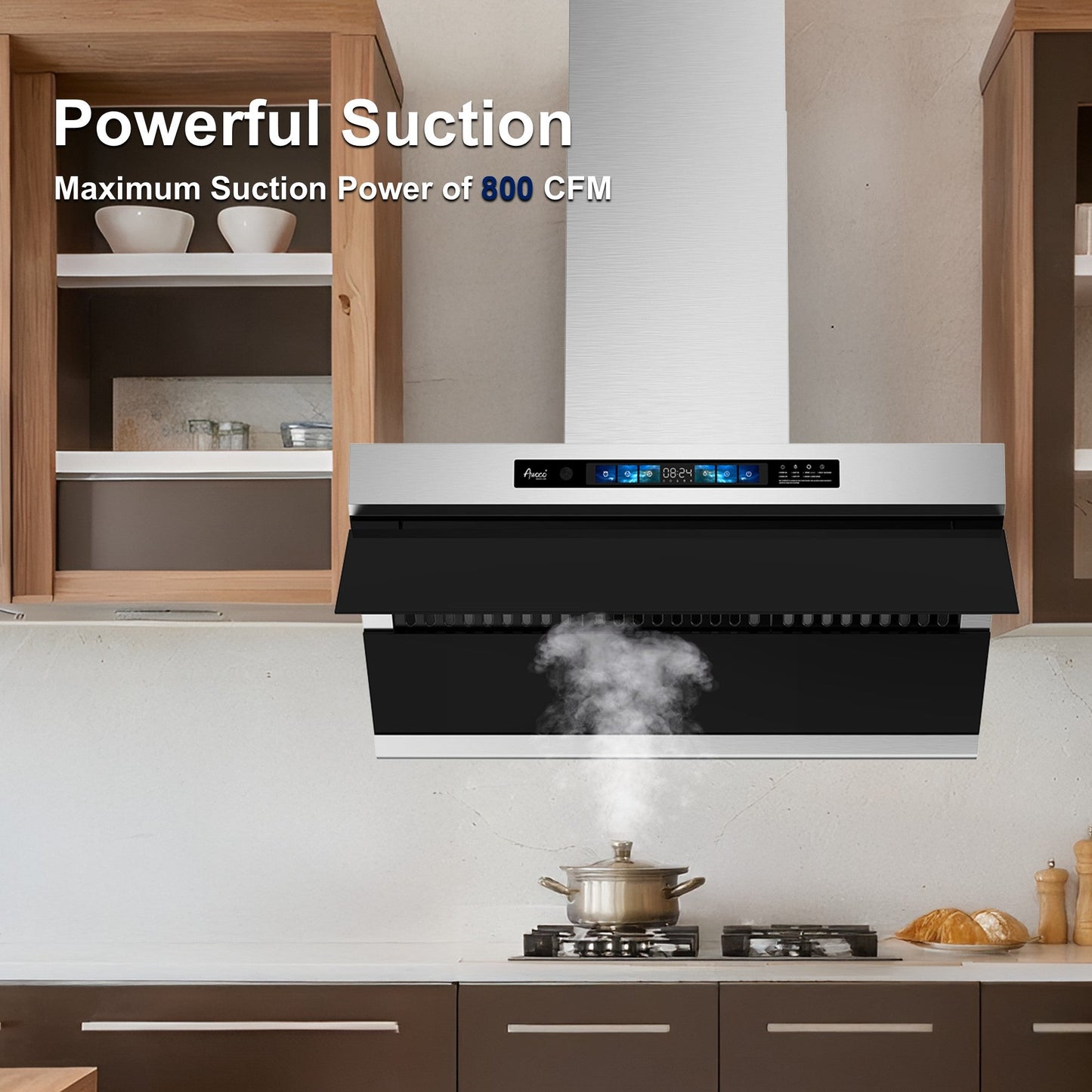 Awoco RH-SX Wall Mount Range Hood, Side-Draft Design, 4 Speeds Exhaust Fan with 800 CFM, Voice, Gesture, Touch & Remote Control, 6" Vent, Dimmable LED Light Bars - AWC-RH-SX30+Chimney