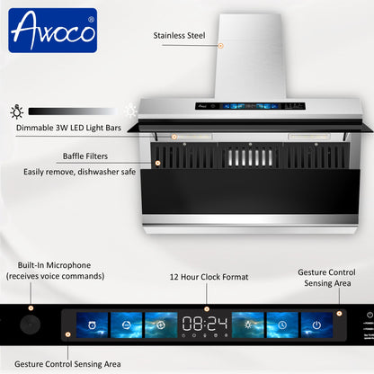 Awoco RH-SX Wall Mount Range Hood, Side-Draft Design, 4 Speeds Exhaust Fan with 800 CFM, Voice, Gesture, Touch & Remote Control, 6" Vent, Dimmable LED Light Bars - AWC-RH-SX30+Chimney