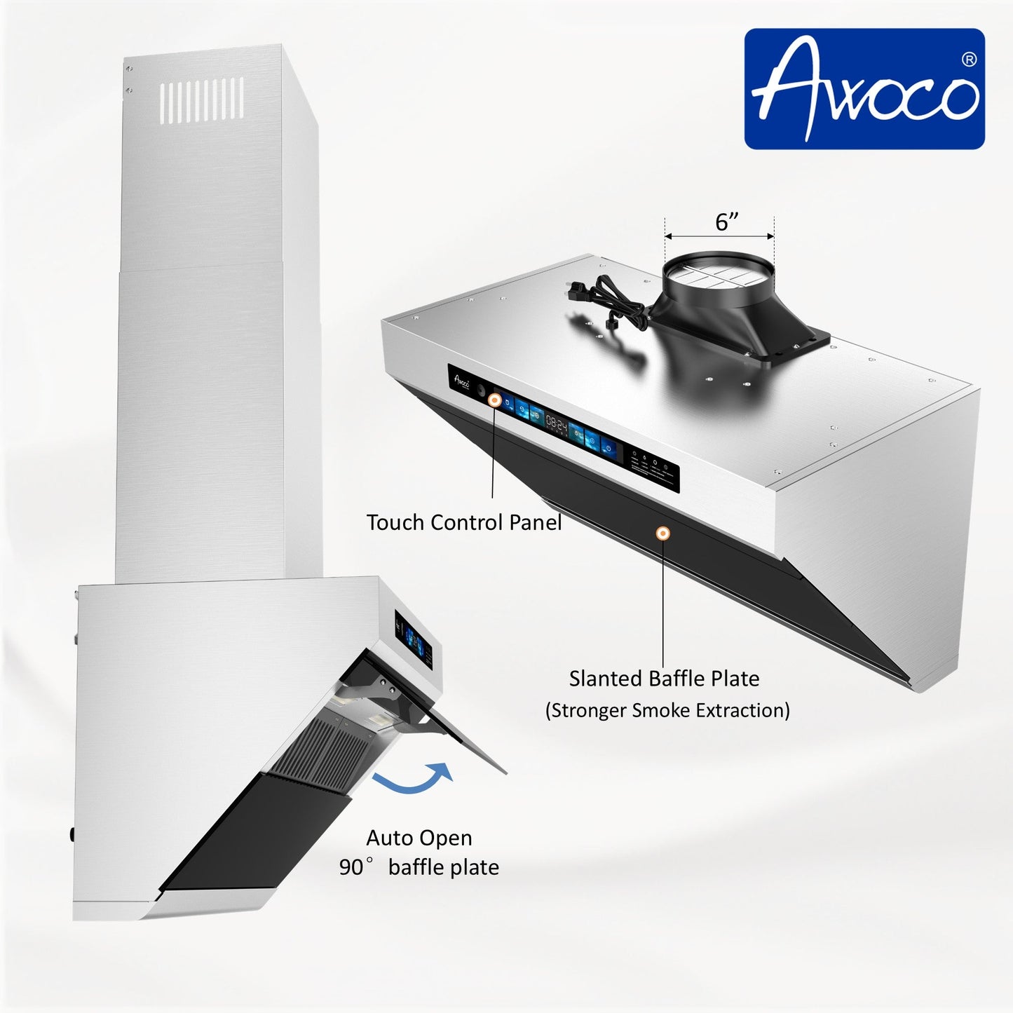 Awoco RH-SX Wall Mount Range Hood, Side-Draft Design, 4 Speeds Exhaust Fan with 800 CFM, Voice, Gesture, Touch & Remote Control, 6" Vent, Dimmable LED Light Bars - AWC-RH-SX30+Chimney