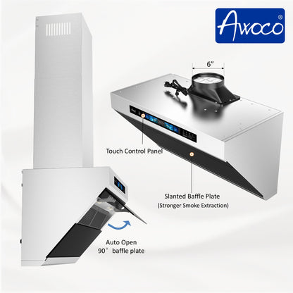 Awoco RH-SX Wall Mount Range Hood, Side-Draft Design, 4 Speeds Exhaust Fan with 800 CFM, Voice, Gesture, Touch & Remote Control, 6" Vent, Dimmable LED Light Bars - AWC-RH-SX30+Chimney