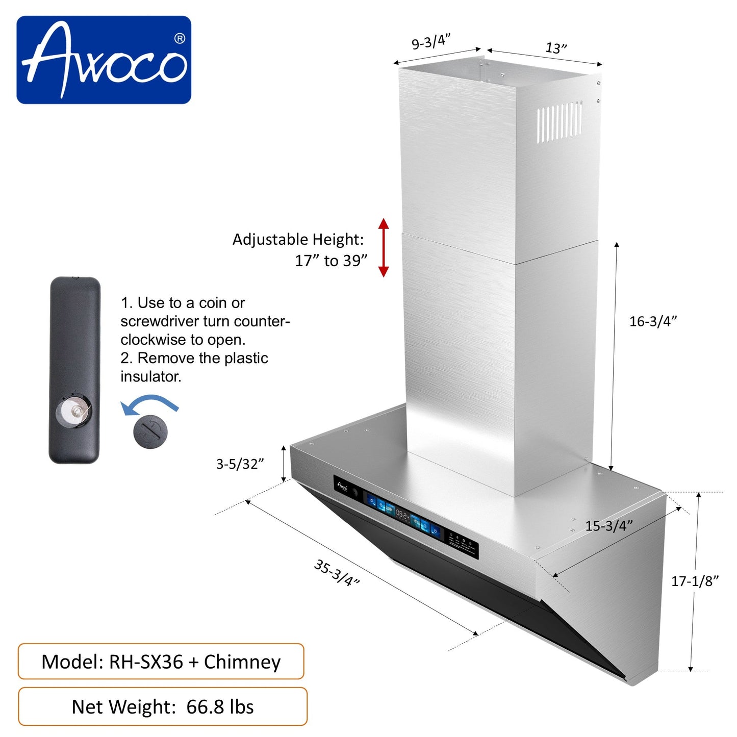 Awoco RH-SX Wall Mount Range Hood, Side-Draft Design, 4 Speeds Exhaust Fan with 800 CFM, Voice, Gesture, Touch & Remote Control, 6" Vent, Dimmable LED Light Bars - AWC-RH-SX30+Chimney
