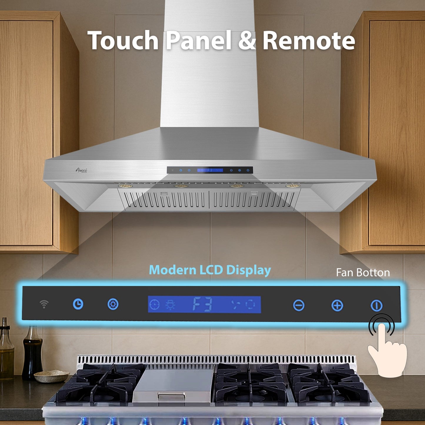 Awoco 48”W Indoor 27”D Wall Mount Range Hood with Touch & Remote Control, Stainless Steel 4 Speeds 1200 CFM Adjustable Chimneys 4 LED Lights 2 x 6” Round Top Vent - AWC-RH-WT-P48