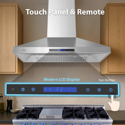 Awoco 48”W Indoor 27”D Wall Mount Range Hood with Touch & Remote Control, Stainless Steel 4 Speeds 1200 CFM Adjustable Chimneys 4 LED Lights 2 x 6” Round Top Vent - AWC-RH-WT-P48