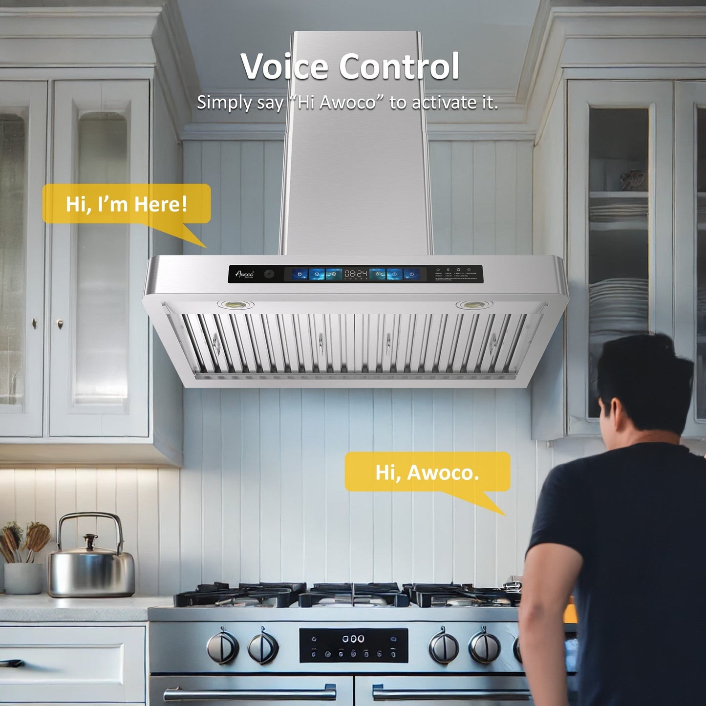 Awoco RH-WT-V Wall Mount Range Hood - 800CFM - Voice & Gesture -  Adjustable Chimney, With 6” Blower Unit - RH-WT-V30+RH-SP06-BLW