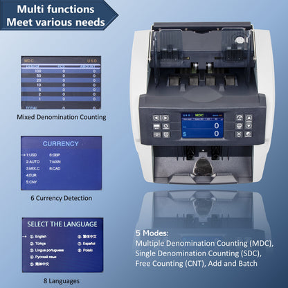 Awoco Bank Grade Mixed Denomination Bill Money Counter with Full Counterfeit Detection - 6 Currency (USD, EUR, GBP, MXN, CAD, CNY) with External Display - MDC1500