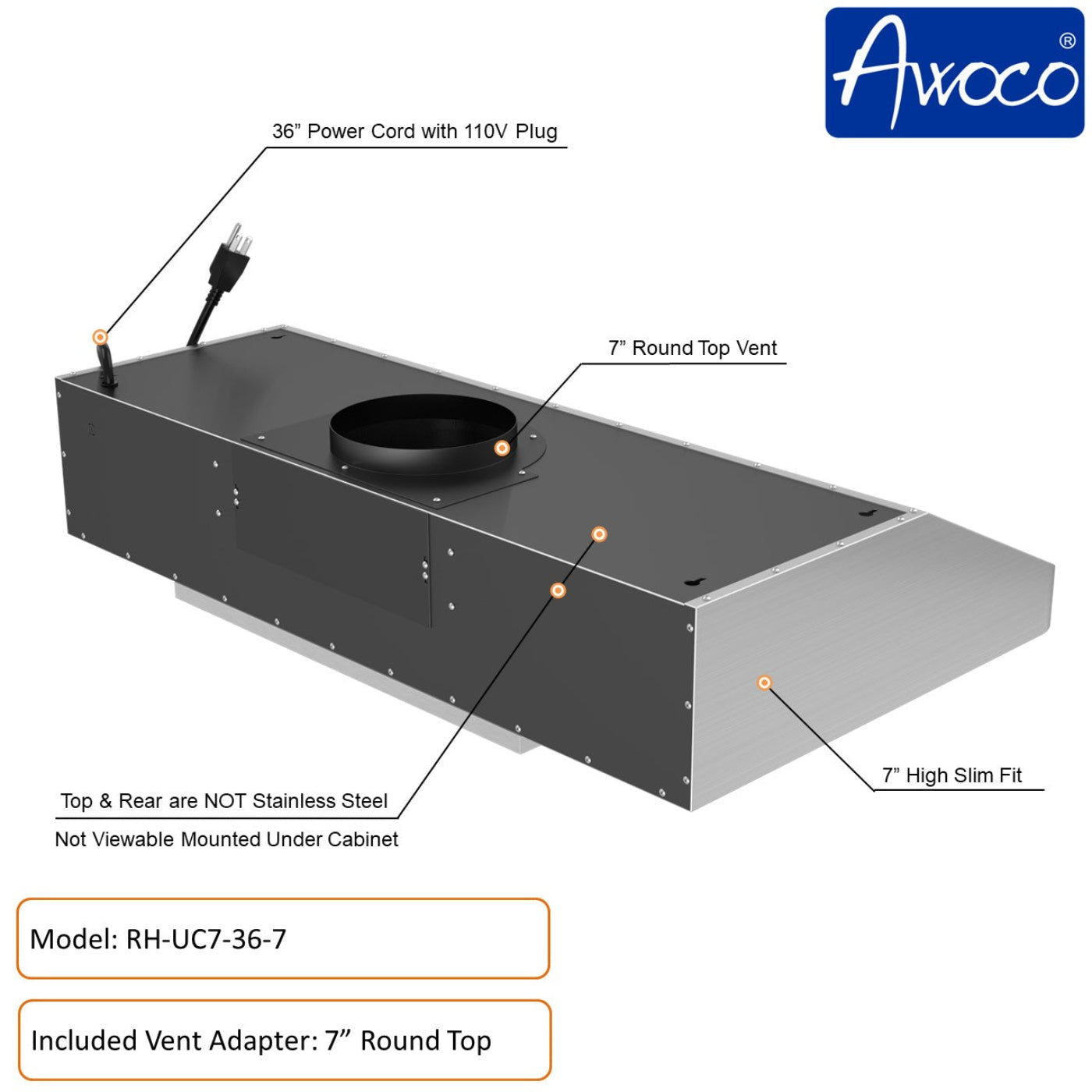 AWOCO RH-UC7-36 Under Cabinet Range Hood Stainless Steel Gesture Control - RH-UC7-36-6