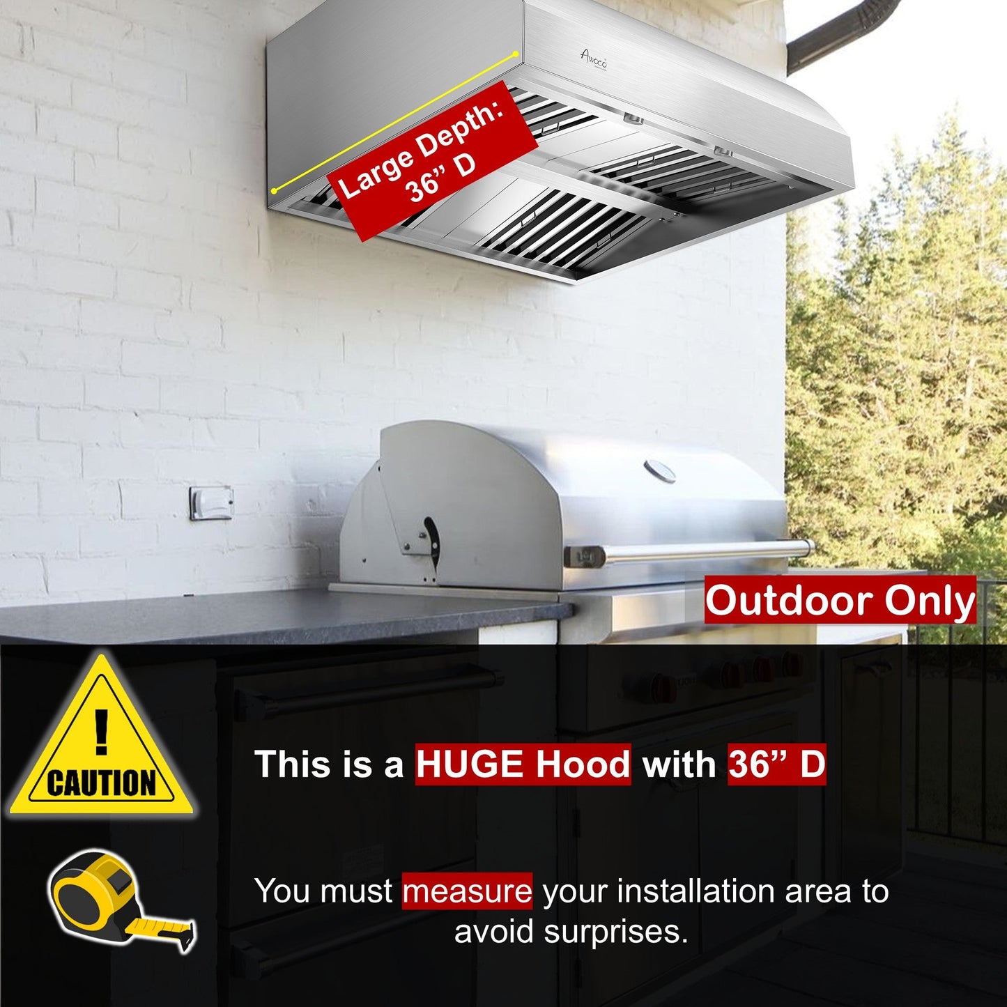 Awoco 36" Outdoor BBQ Vent Hood 18" High Type 304 Stainless Steel, 4 Speeds 1000 CFM with Chimney Cover, 8” Round Top Vent - AWC-RH-WM-BBQ-36+Chim-12x36