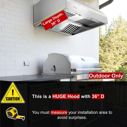 Awoco 36" Outdoor BBQ Vent Hood 18" High Type 304 Stainless Steel, 4 Speeds 1000 CFM, Adjustable LED Lights, 8” Round Top Vent - AWC-RH-WM-BBQ36