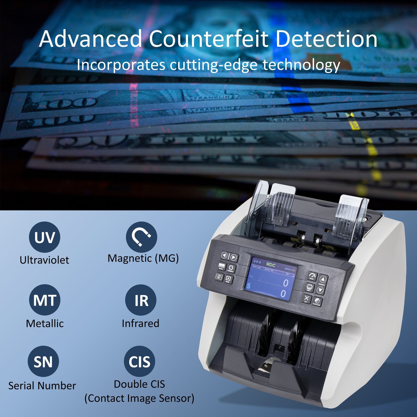 Awoco Bank Grade Mixed Denomination Bill Money Counter with Full Counterfeit Detection - 6 Currency (USD, EUR, GBP, MXN, CAD, CNY) with External Display - MDC1500