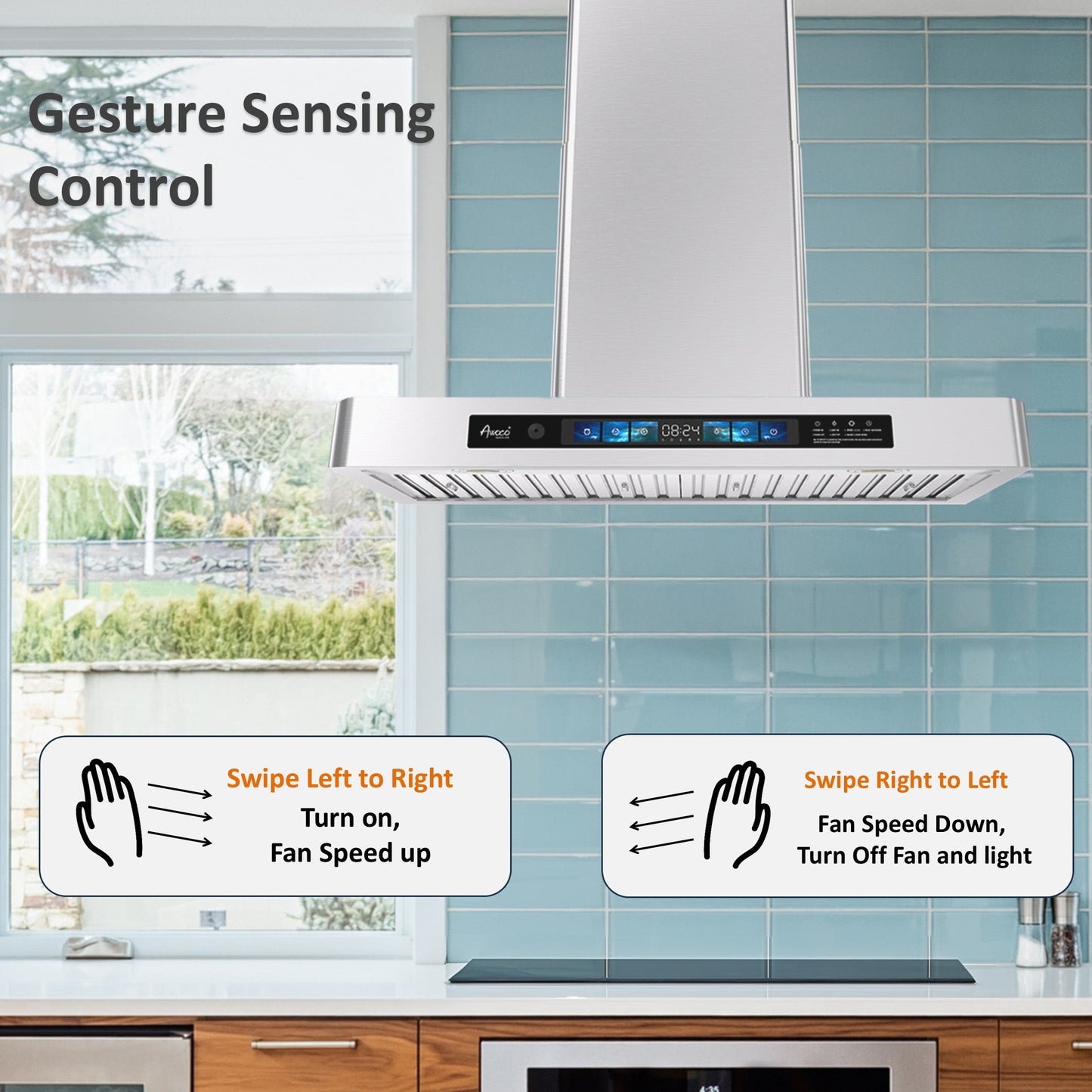 Awoco RH-WT-V Wall Mount Range Hood - 800CFM - Voice & Gesture -  Adjustable Chimney, With 6” Blower Unit - RH-WT-V30+RH-SP06-BLW