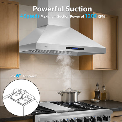 Awoco 48”W Indoor 27”D Wall Mount Range Hood with Touch & Remote Control, Stainless Steel 4 Speeds 1200 CFM Adjustable Chimneys 4 LED Lights 2 x 6” Round Top Vent - AWC-RH-WT-P48