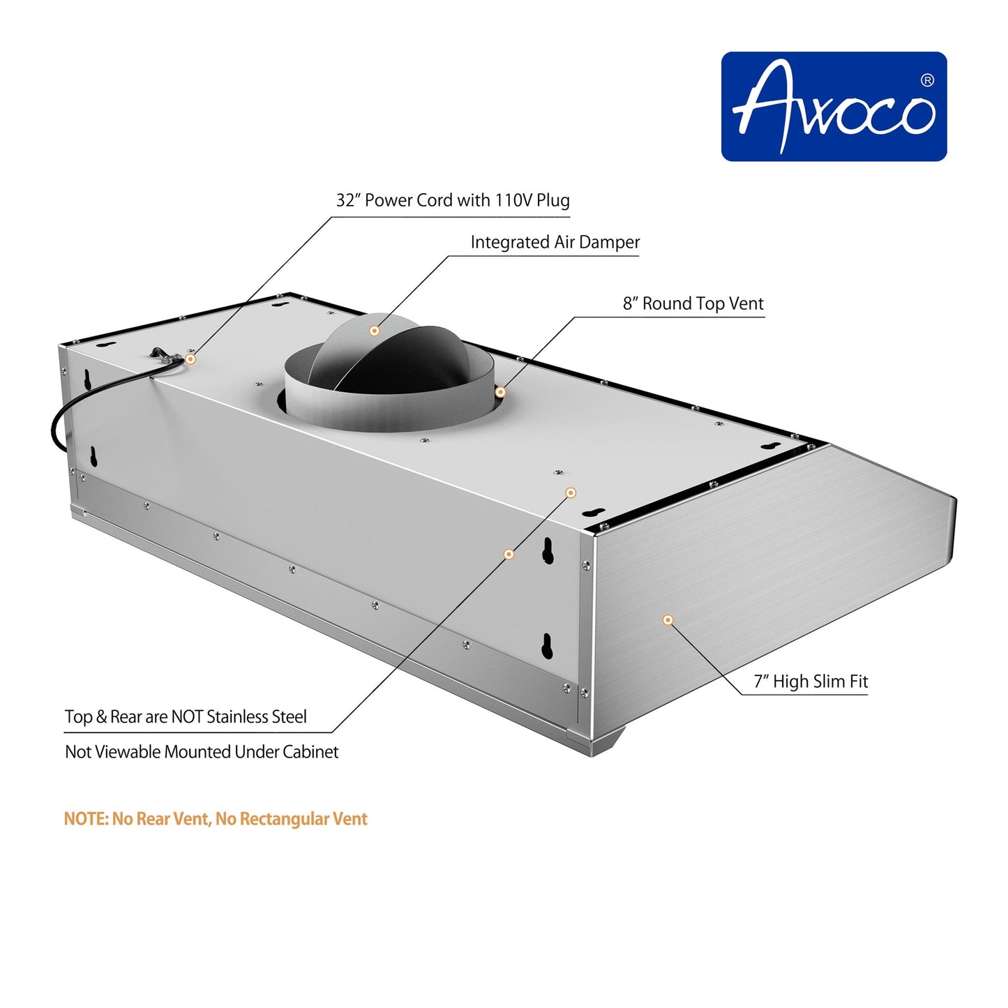 AWOCO RH-S10-S-DR Under Cabinet Range Hood - 6 Speeds 1000CFM - 7inch High - 8 inch Round Top Vent - RH-S10-30S-DR